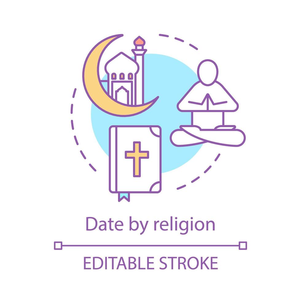 Date by religion concept icon. Find love idea thin line illustration. Romantic, religious matchmaking. Buddhism, muslim, christian niche online dating. Vector isolated outline drawing. Editable stroke