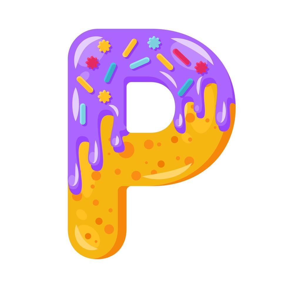 Donut cartoon P letter vector illustration. Biscuit bold font style. Glazed capital letter with icing. Tempting flat design typography. Cookie alphabet. Pastry, bakery isolated clipart