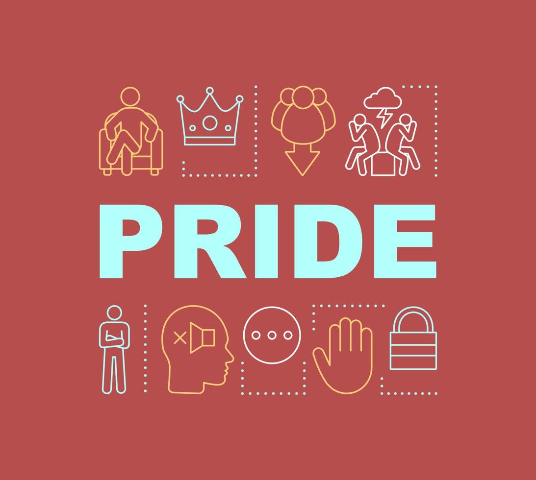 Pride word concepts banner. Selfish, self-confident person. Boasting. Presentation, website. Isolated lettering typography idea, linear icons. Humiliation of other. Vector outline illustration