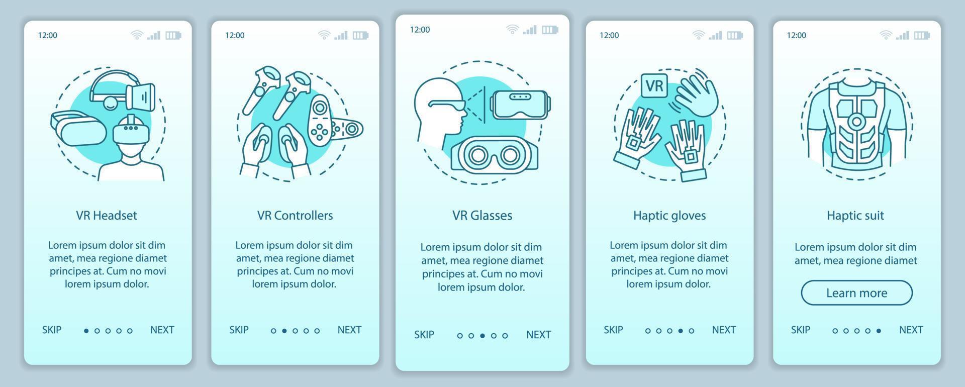 VR gadgets onboarding mobile app page screen with linear concept. Virtual reality headset, controller, gloves, haptic suit walkthrough steps graphic instructions vector