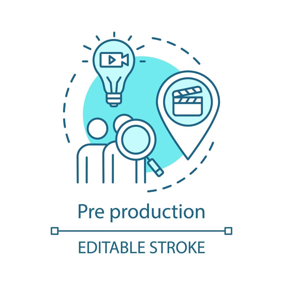 Pre production concept icon. Video planning idea thin line illustration. Audience research. Location scouting. Cinematography. Casting. Film making.Vector isolated outline drawing. Editable stroke vector