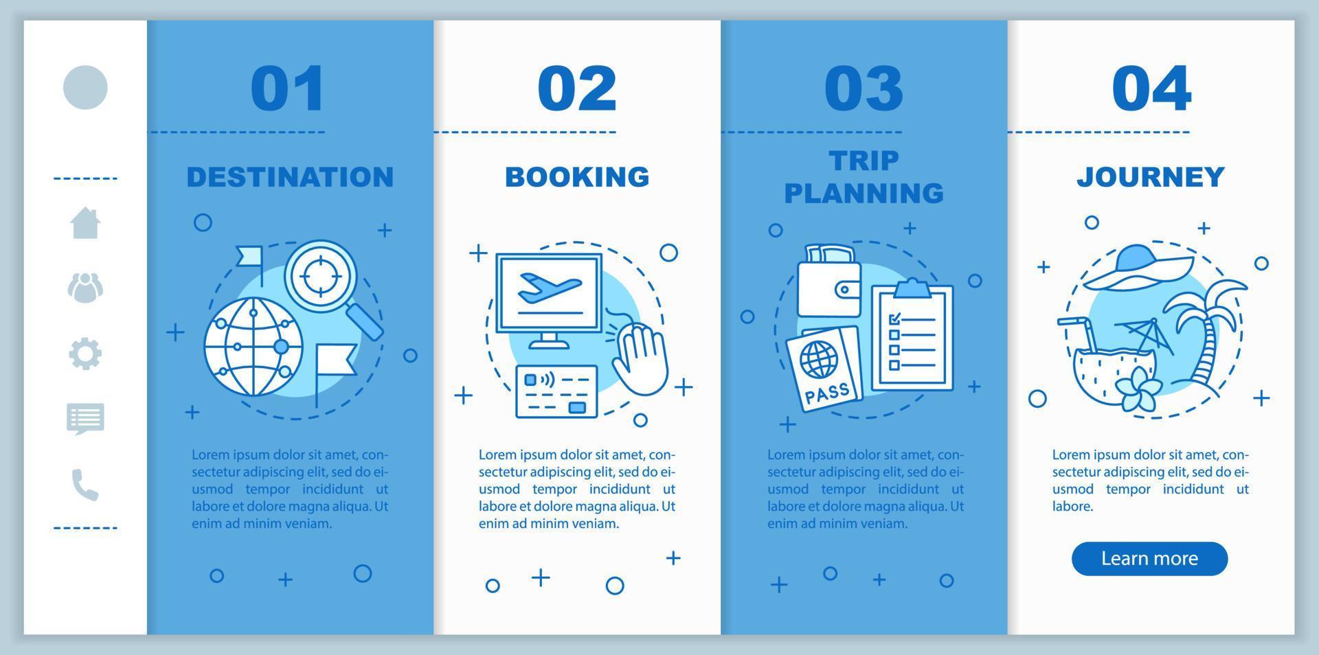 organización de viajes incorporando plantilla vectorial de páginas web móviles. idea de interfaz de sitio web de teléfono inteligente sensible con ilustraciones lineales. Pantallas de pasos del tutorial de la página web de planificación de viajes. concepto de color vector