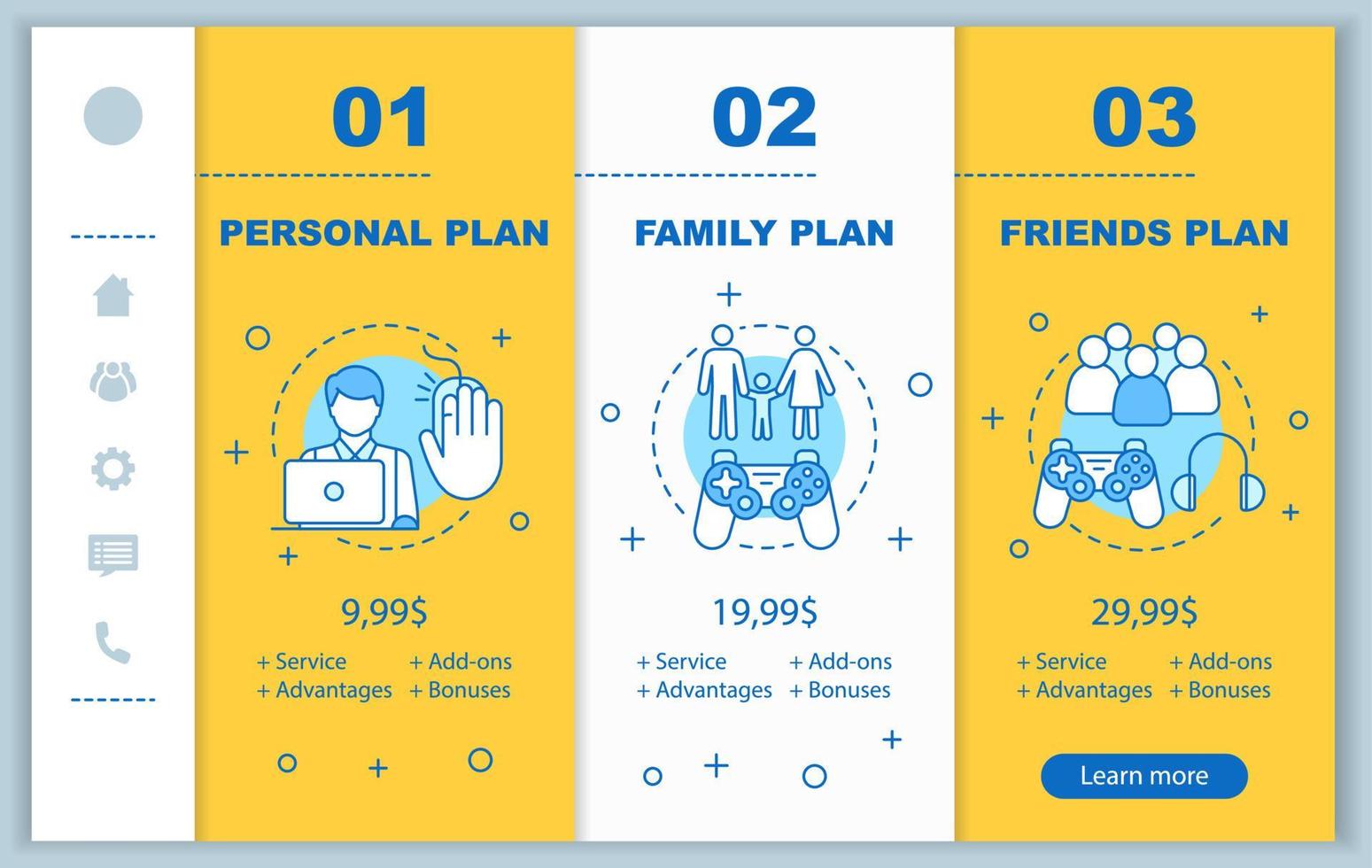 Subscription onboarding mobile app screens with service prices. Pay and play walkthrough website pages templates. Personal, family, friends tariff plans steps. Smartphone payment web page layout vector