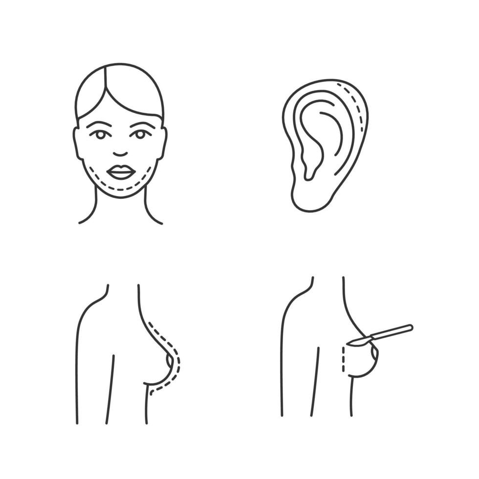 Plastic surgery linear icons set. Double chin removal, otoplasty, breast augmentation, mammoplasty. Thin line contour symbols. Isolated vector outline illustrations. Editable stroke