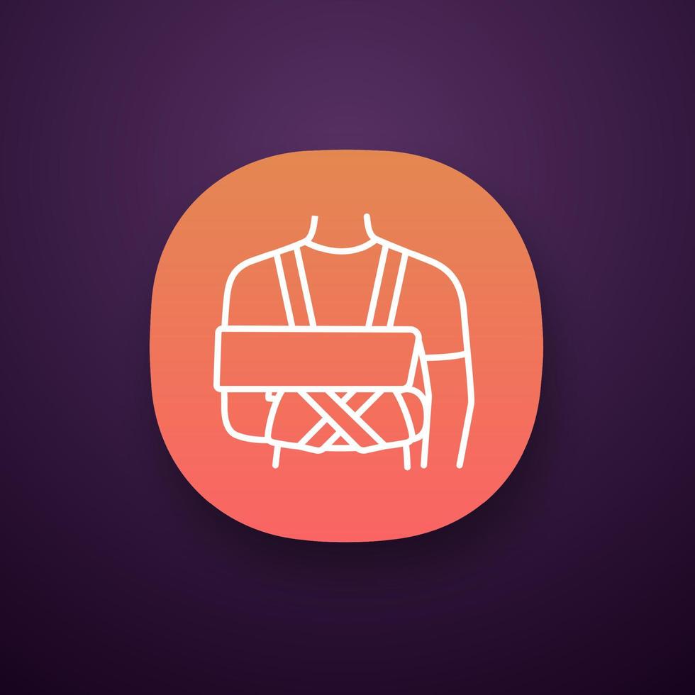 Shoulder immobilizer app icon. Sling and swathe. Broken arm, shoulder injury treatment. Arm fix brace. UI UX user interface. Web or mobile application. Vector isolated illustration
