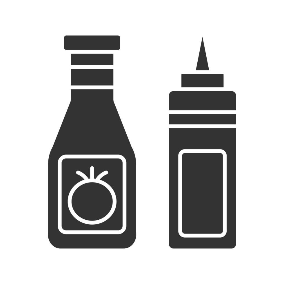 Ketchup and mustard glyph icon. Silhouette symbol. Condiment bottles. Negative space. Vector isolated illustration