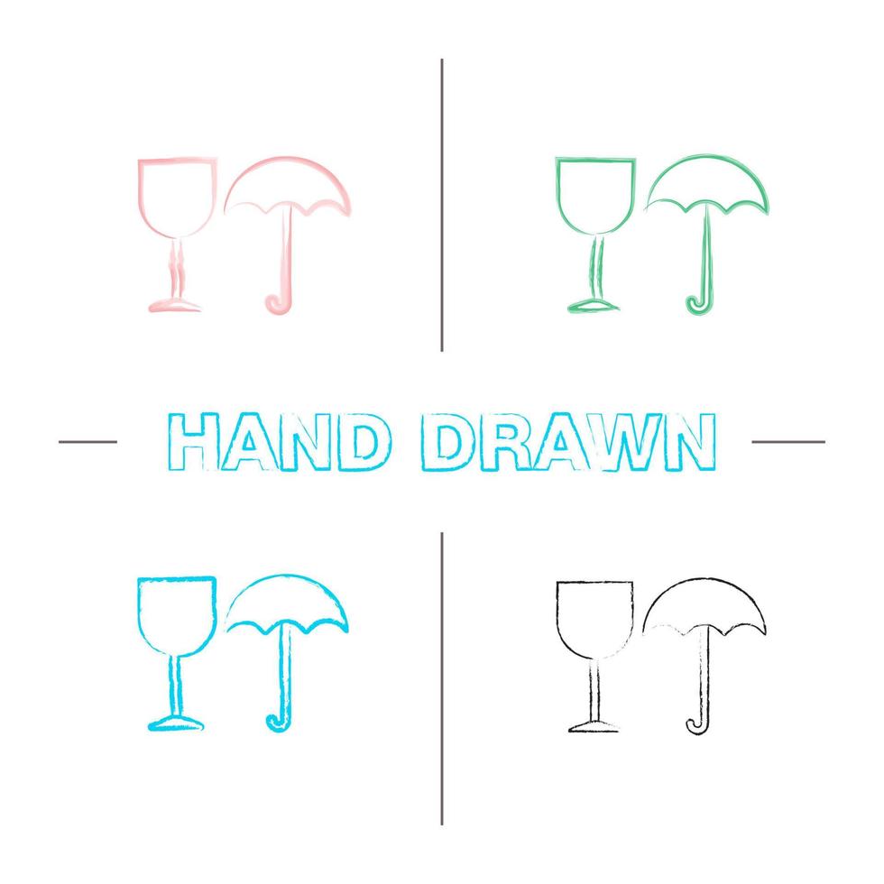 Fragile hand drawn icons set. Keep dry. Handle with care color brush stroke. Isolated vector sketchy illustrations