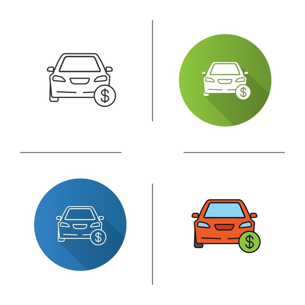 Car with dollar sign icon. Flat design, linear and color styles. Automobile buying or sale. Auto workshop service prices. Isolated vector illustrations