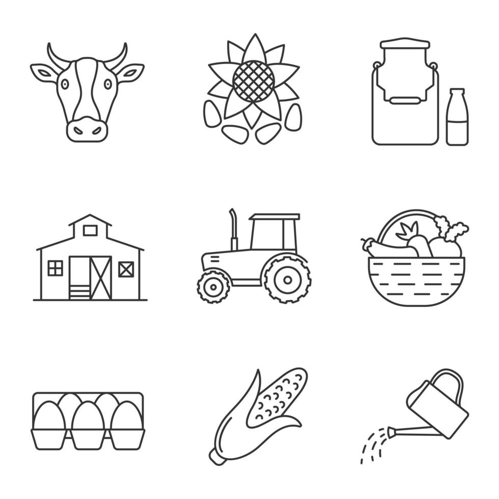 Agriculture linear icons set. Farming. Cow, sunflower with seeds, milk can, barn, tractor, vegetables, egg tray, corn, watering can. Thin line contour symbols. Isolated vector outline illustrations