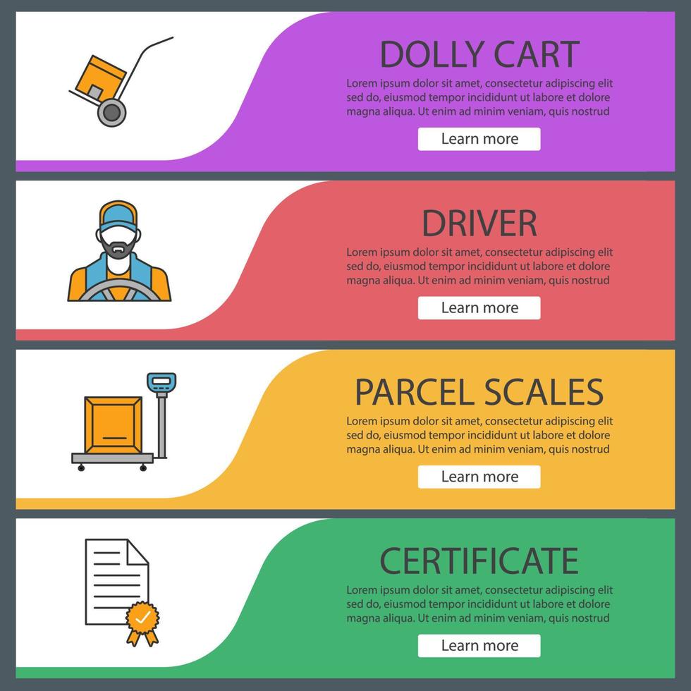 Cargo shipping web banner templates set. Delivery service. Dolly cart, driver, parcel scales, certificate. Website color menu items. Vector headers design concepts