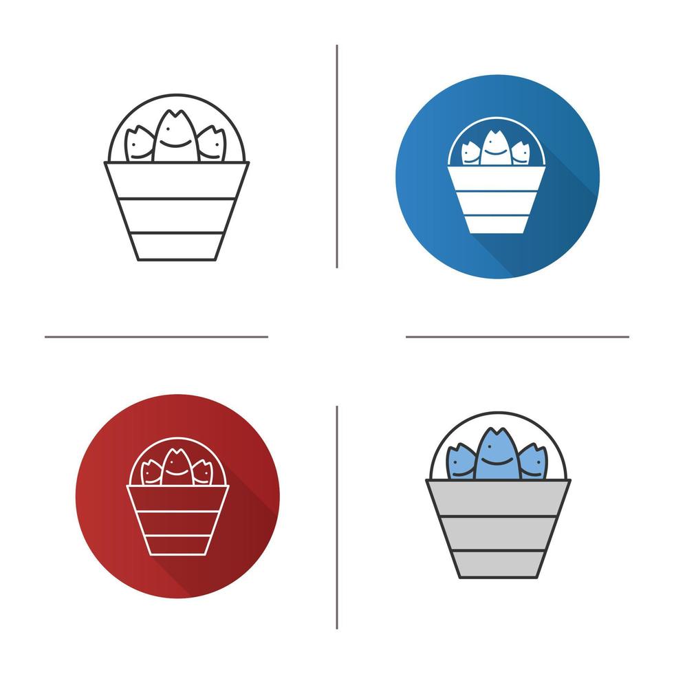 Bucket with fish icon. Flat design, linear and color styles. Fishing catch. Isolated vector illustrations