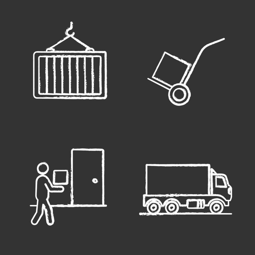 Cargo shipping chalk icons set. Delivery service. Intermodal container, courier, delivery truck, dolly cart. Isolated vector chalkboard illustrations