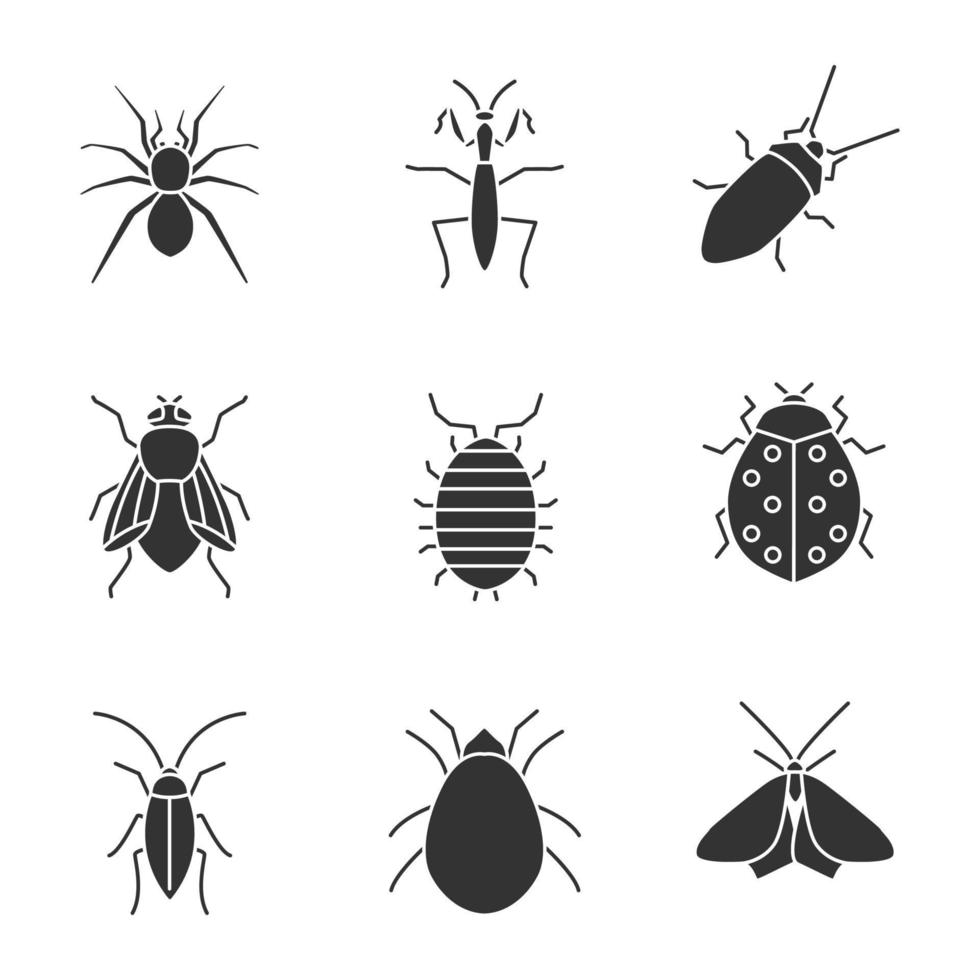 conjunto de iconos de glifo de insectos. araña, mantis, cucaracha, cochinilla, mosca doméstica, mariquita, ácaro, polilla. símbolos de silueta. ilustración vectorial aislada vector