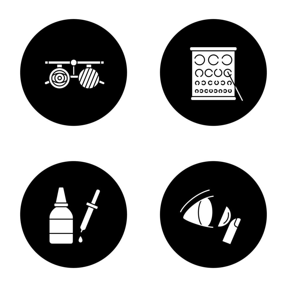 Ophtalmology glyph icons set. Exam glasses, Landolt chart, eye drops and dropper, contact lens. Vector white silhouettes illustrations in black circles