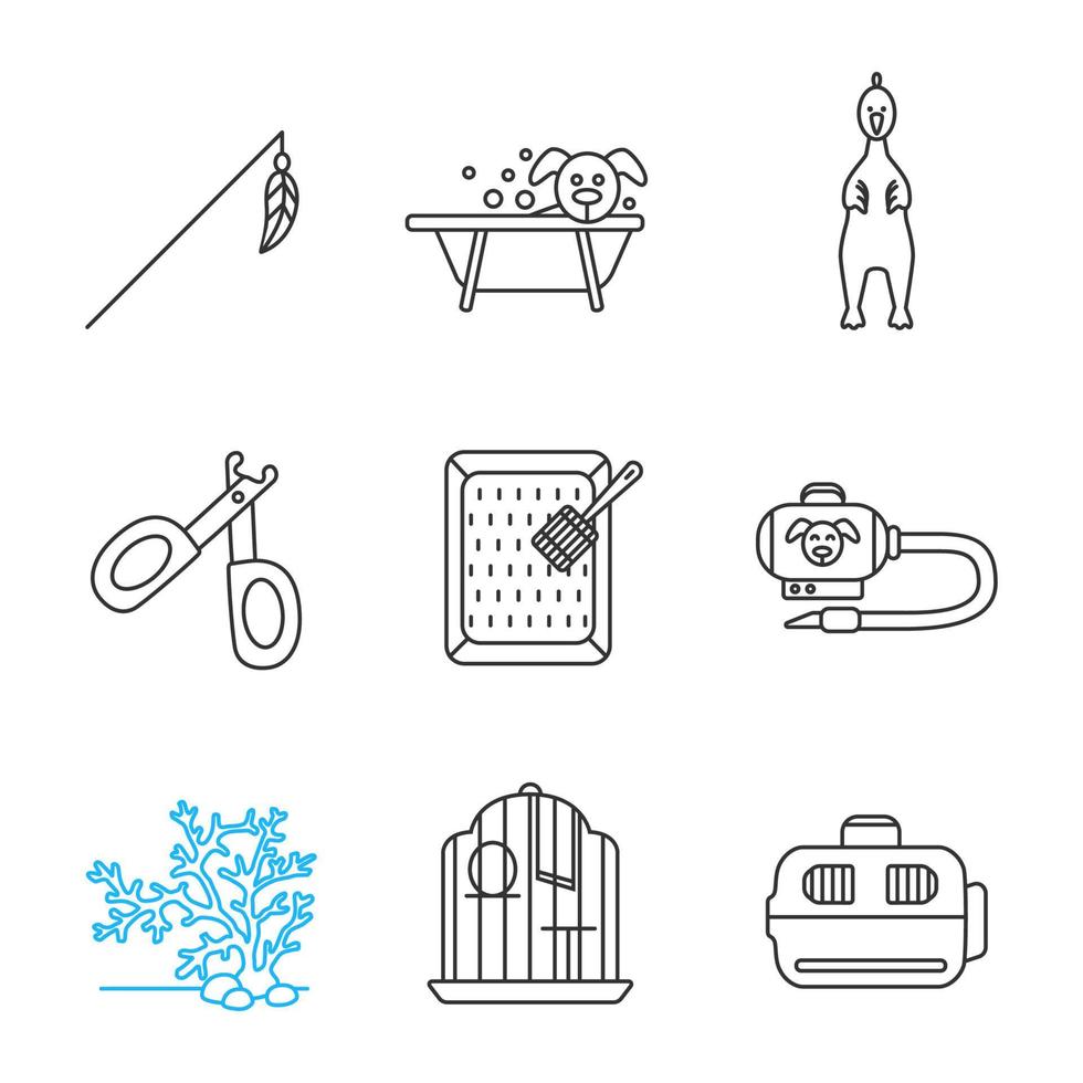 Pets supplies linear icons set. Feather toy, grooming, rubber chicken, nail clippers, litter box, hoover, seaweed, birdcage, carrier. Thin line contour symbols. Isolated vector outline illustrations