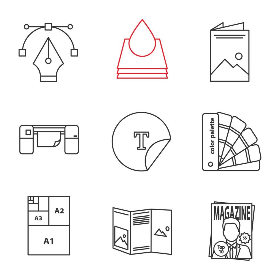 Printing linear icons set. Fountain pen, ink, brochure, large format printer, round sticker, palettes, paper sizes, booklet, magazine. Thin line contour symbols. Isolated vector outline illustrations