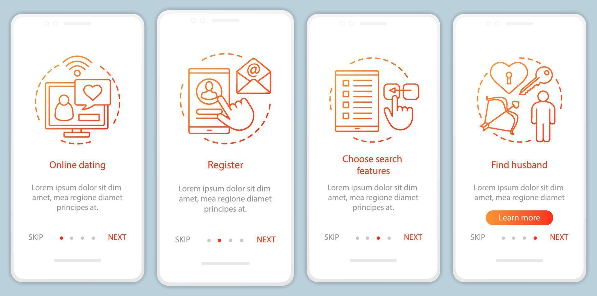 Online dating onboarding mobile app page screen vector template. Register, choose search features, find husband website instructions with linear illustrations. UX, UI, GUI smartphone interface concept
