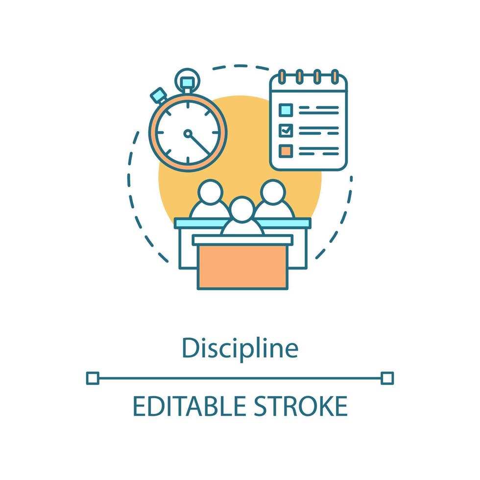 Discipline concept icon. Time management. Class time. Timetable. Examination. Students in audience. Working day idea thin line illustration. Vector isolated outline drawing. Editable stroke