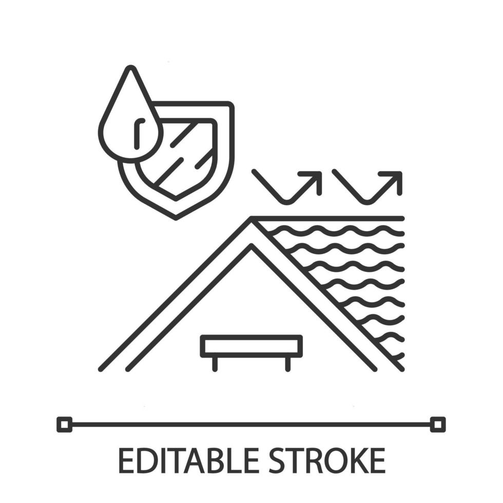 Waterproofing roof linear icon. Water resistant shingles. Weatherproof roofing. Hydrophobic, repellent tiling. Thin line illustration. Contour symbol. Vector isolated outline drawing. Editable stroke