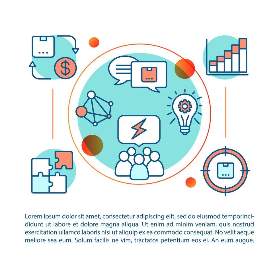Branding agency article page vector template. Brand management. Strategy analysis, planning. Brochure, magazine design element with linear icons. Print design. Concept illustrations with text space