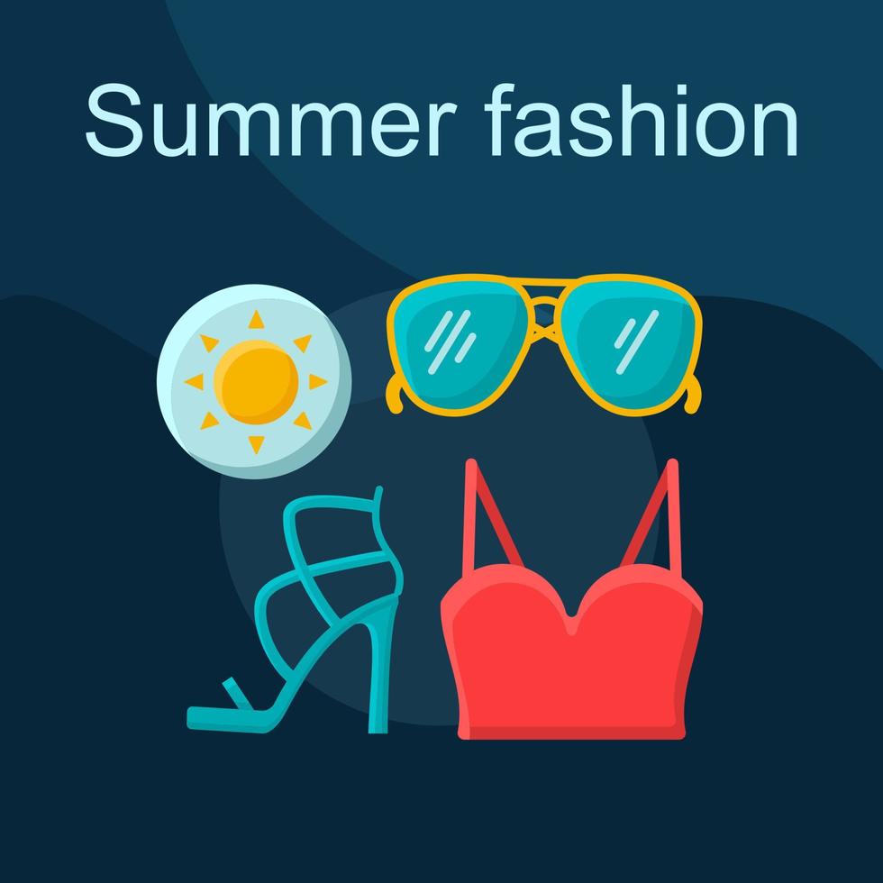 Summer fashion flat concept vector icon. Shopping idea cartoon color illustrations set. Clothes, shoes, accessories. Womens outfit. Crop top, sunglasses, high heels. Isolated graphic design element