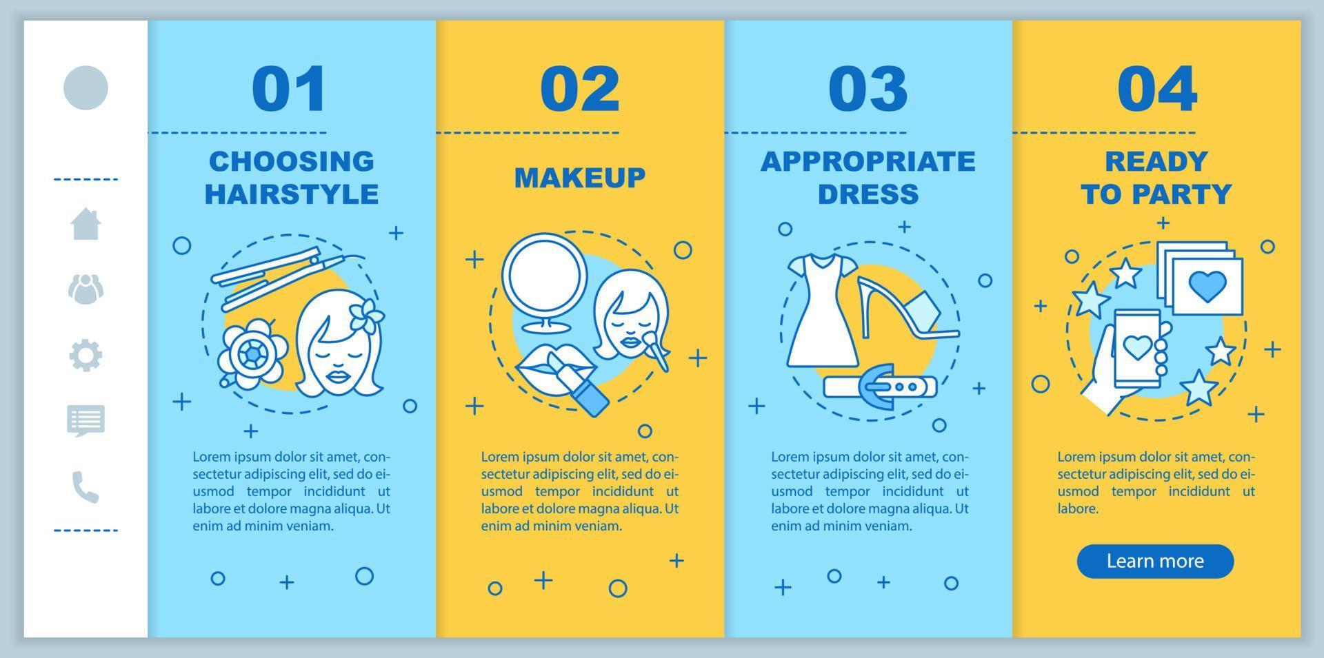 Getting ready for party onboarding mobile web pages vector template. Responsive smartphone interface idea with linear illustrations. Beauty salon webpage walkthrough step screens. Appropriate dress