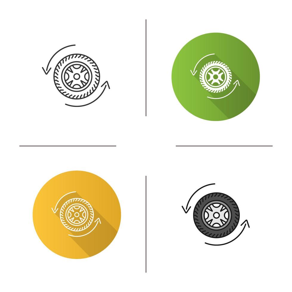 Automobile wheel changing icon. Flat design, linear and color styles. Car rim and tire with circle arrow. Isolated vector illustrations