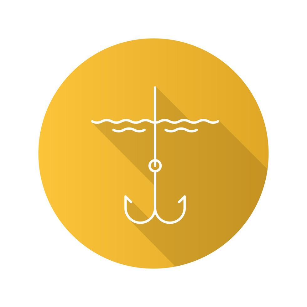 Hook in water flat design long shadow glyph icon. Fishhook. Angling equipment. Vector silhouette illustration