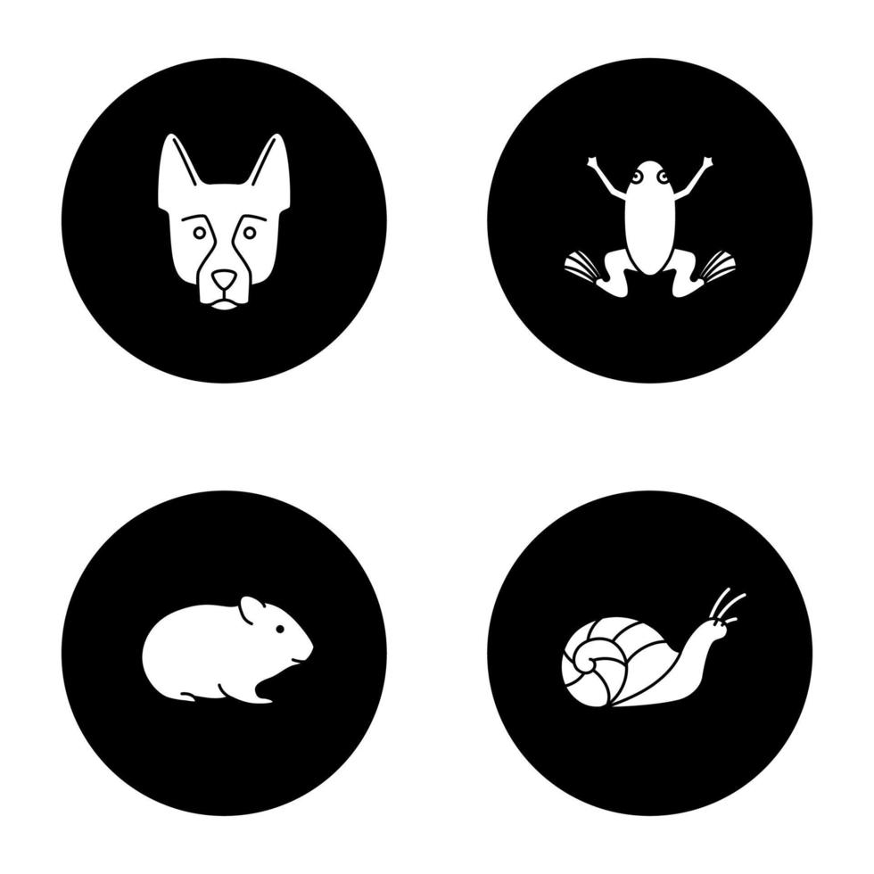 Pets glyph icons set. German Shepherd, frog, hamster, snail. Vector white silhouettes illustrations in black circles