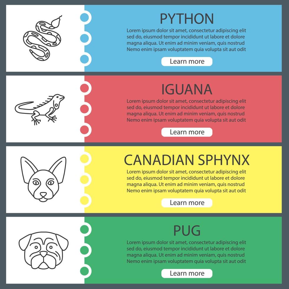 conjunto de plantillas de banner web de mascotas. pitón, iguana, esfinge canadiense, pug. elementos del menú de color del sitio web con iconos lineales. conceptos de diseño de encabezados vectoriales vector