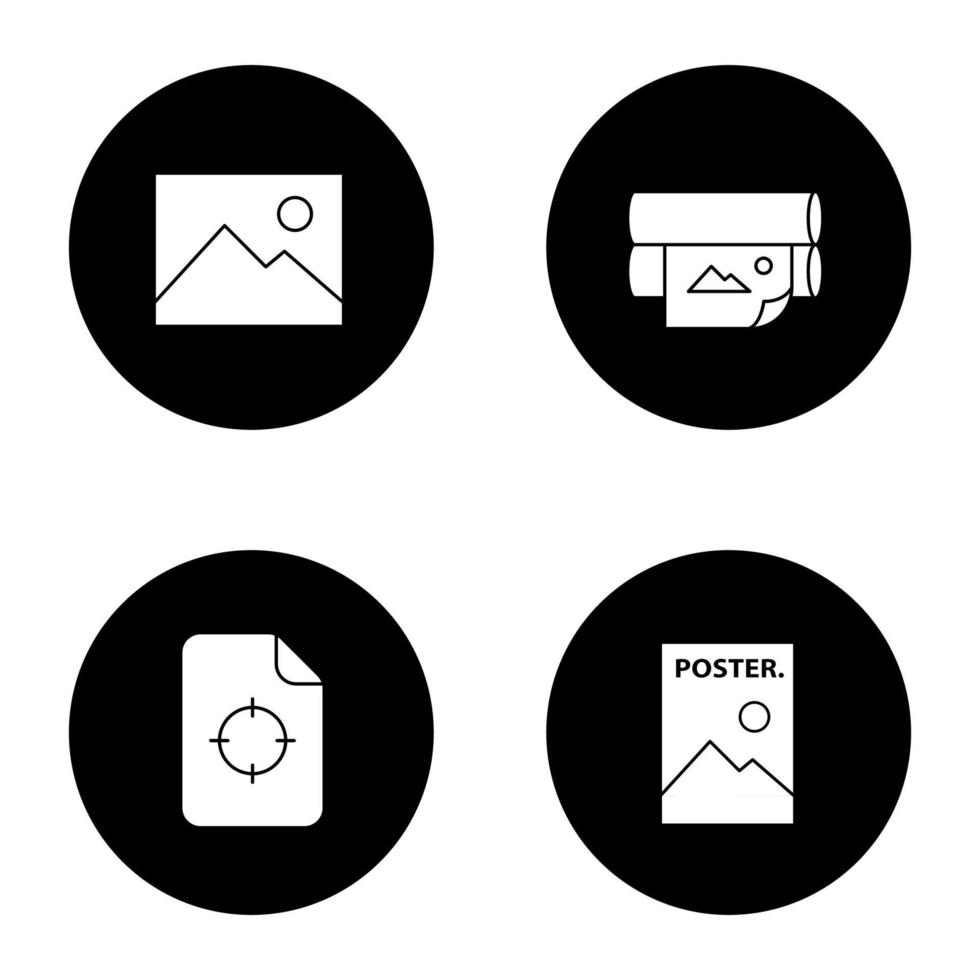 Printing glyph icons set. Polygraphy and typography. Digital image, offset printer, printing registration mark, poster. Vector white silhouettes illustrations in black circles