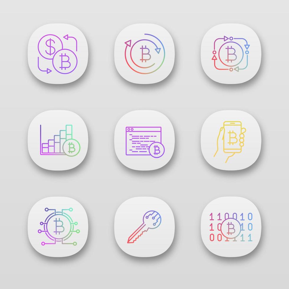 conjunto de iconos de aplicación de criptomoneda bitcoin. interfaz de usuario ui ux. intercambio de bitcoin, fintech, gráfico de crecimiento del mercado, software de minería, billetera digital, clave, código binario. Ilustraciones de vectores aislados
