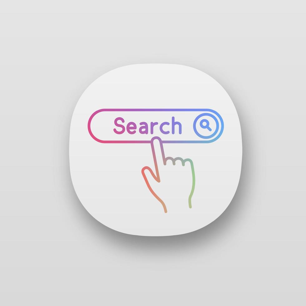 Search button click app icon. Internet surfing. Hand pressing find button. UI UX user interface. Web or mobile application. Vector isolated illustration