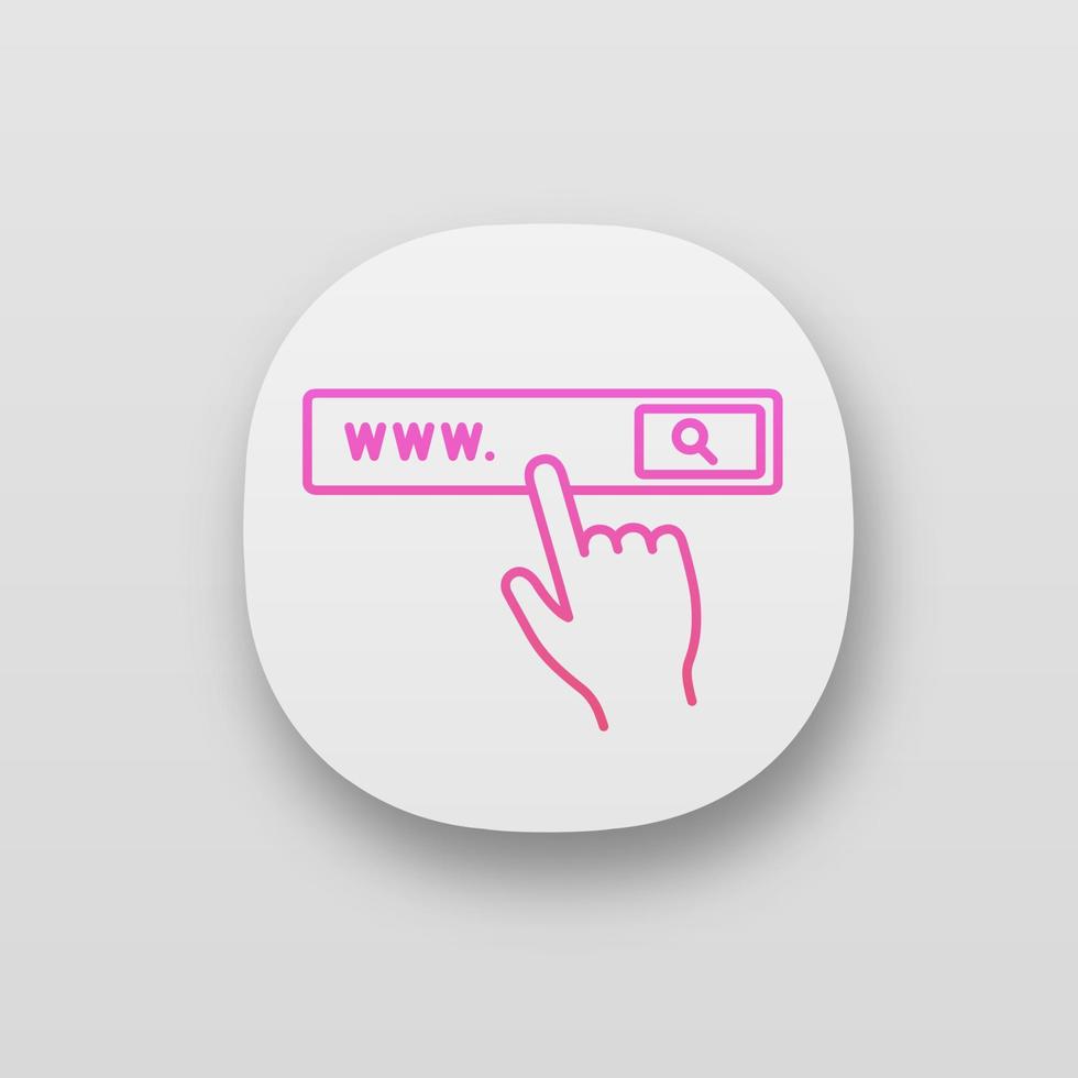 Search bar button app icon. UI UX user interface. Internet surfing. Internet browser. Hand pressing find button. Web or mobile application. Vector isolated illustration