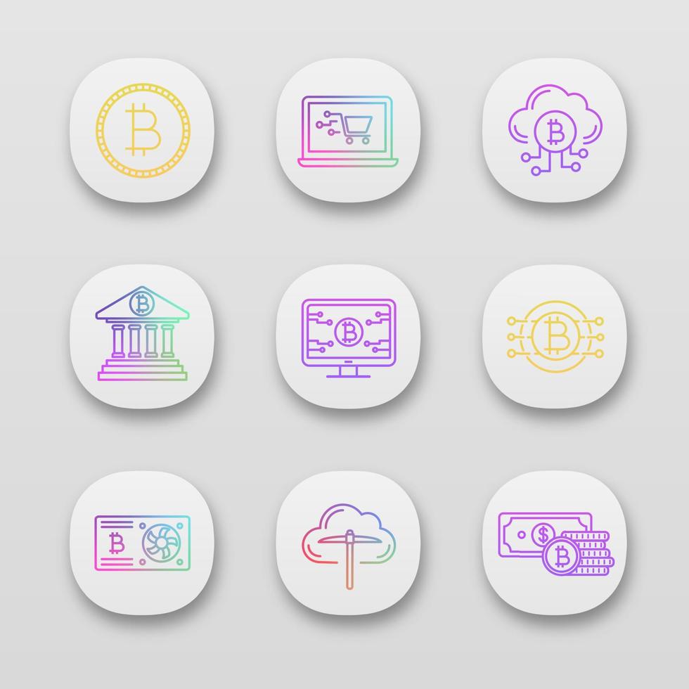 Bitcoin cryptocurrency app icons set. UI UX user interface. Coin, online shopping, cloud mining, banking, bitcoin webpage, graphic card, CPU mining, cryptocurrency. Vector isolated illustration