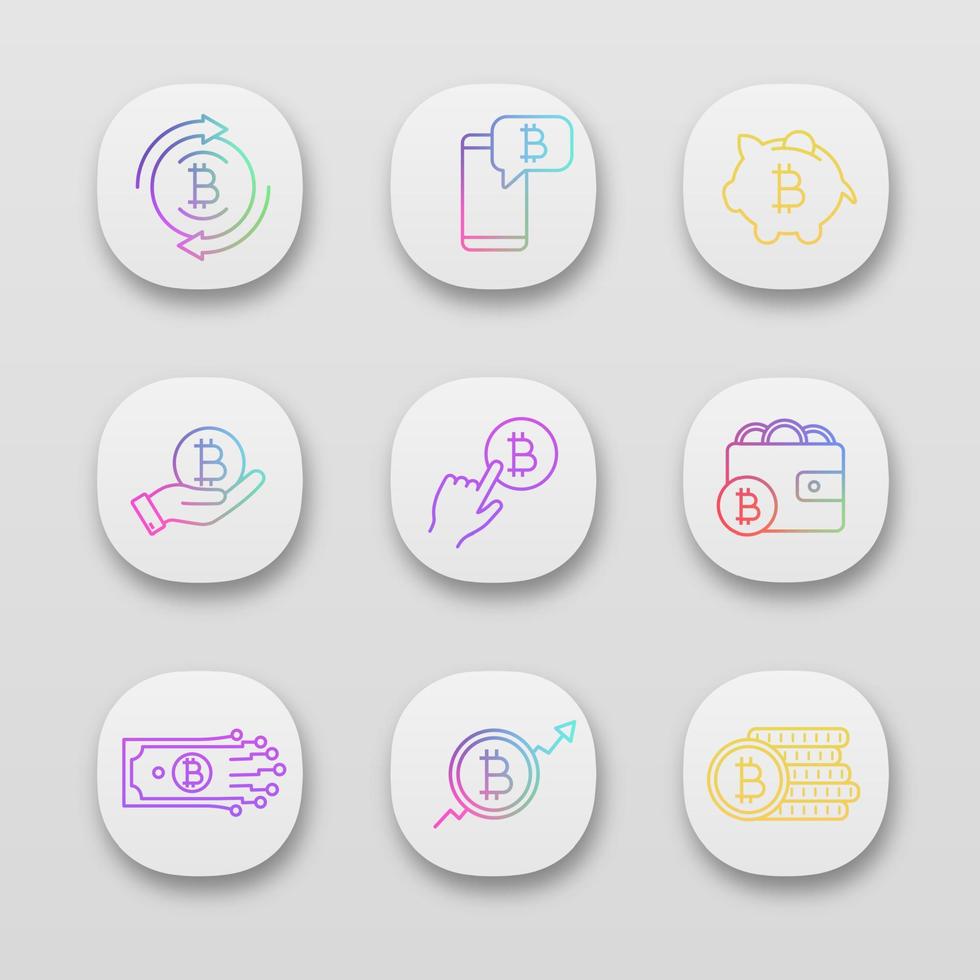 Bitcoin cryptocurrency app icons set. UI UX interface. Bitcoin exchange, cryptocurrency chat, piggy bank, pay per click, wallet, digital money, market growth, coins stack. Vector isolated illustration