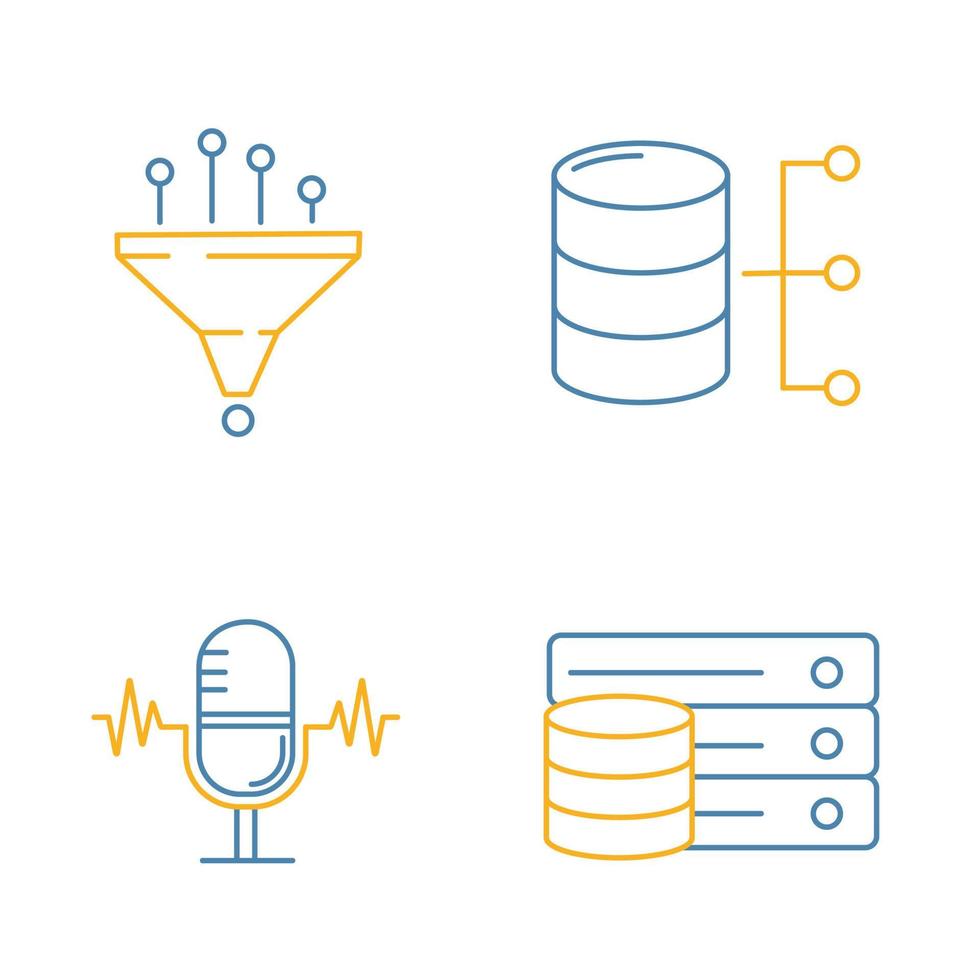 Machine learning color linear icons set. Data filtering, relational database, server, voice recognition. Thin line illustrations. Isolated vector illustrations