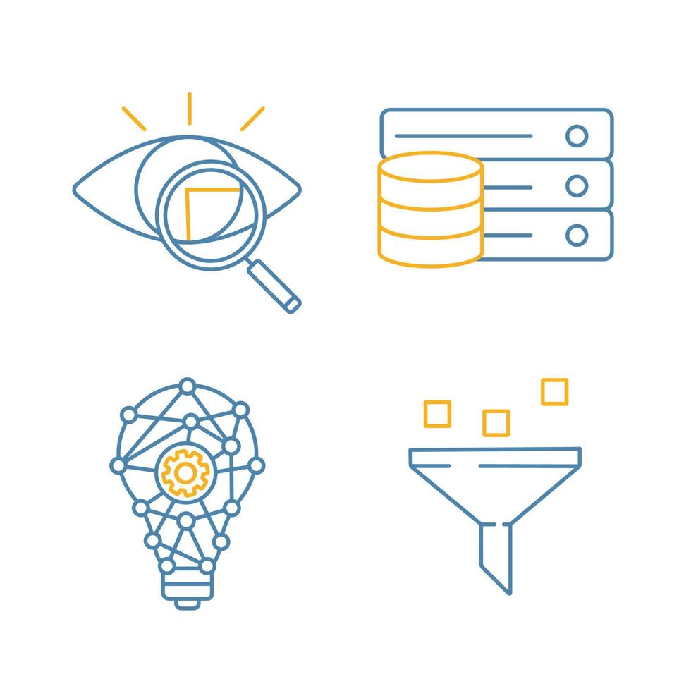 conjunto de iconos lineales de color de aprendizaje automático. escaneo de retina, base de datos, proceso de innovación, filtrado de datos. ilustraciones de líneas finas. ilustraciones de vectores aislados