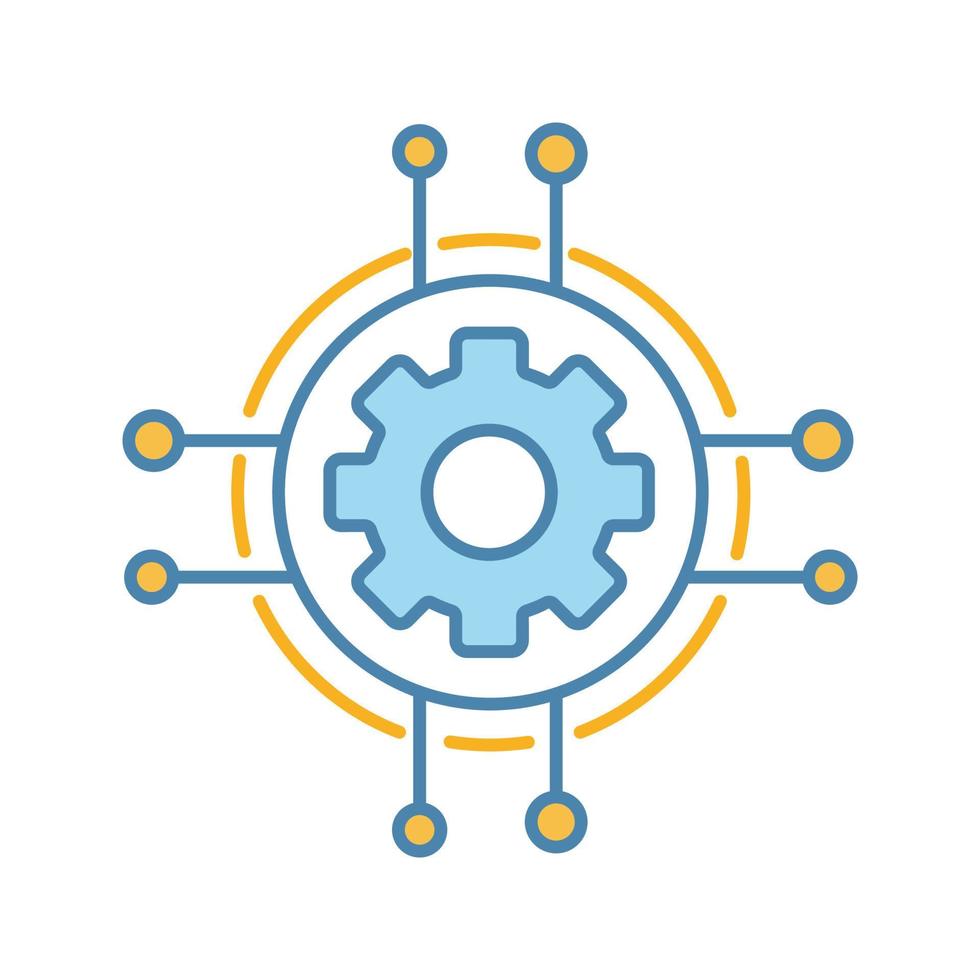 Digital settings color icon. Technological progress and innovation. Gear. Machine learning. Cogwheel in chipset pathways. Isolated vector illustration