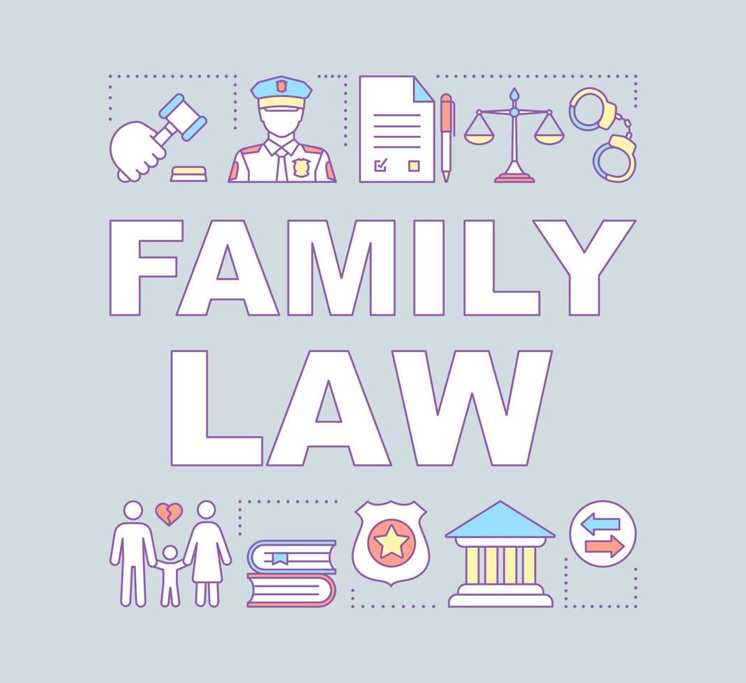 Family law word concepts banner. Separation agreement. Child custody. Adoption. Divorce. Court. Presentation, website. Isolated lettering typography idea with linear icons. Vector outline illustration