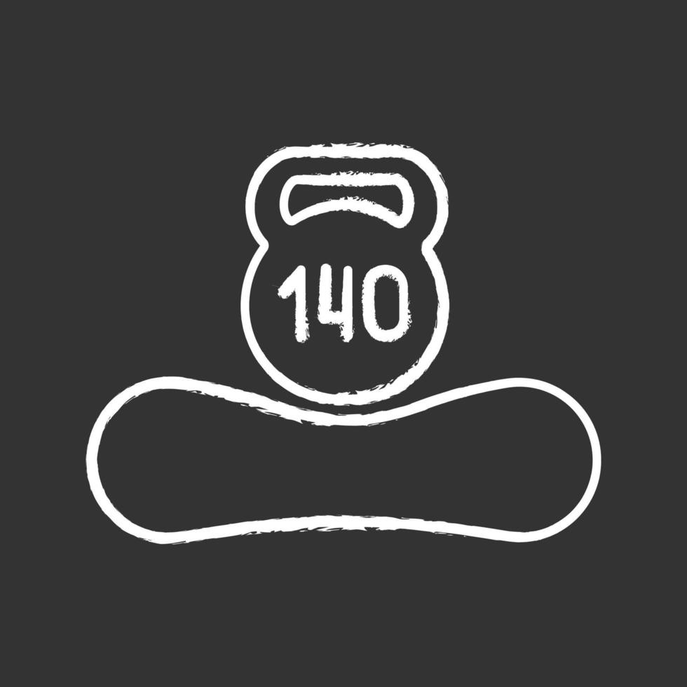 Maximum weight limit up to 140 kg chalk icon. Mattress weight recommendation per person of hundred and forty kilograms. Suitable mass. Mattress and kettlebell. Isolated vector chalkboard illustration