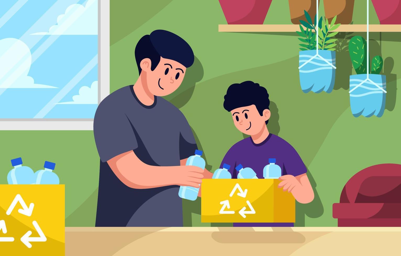 Father and Son are Recycling Plastic Wastes at Home vector