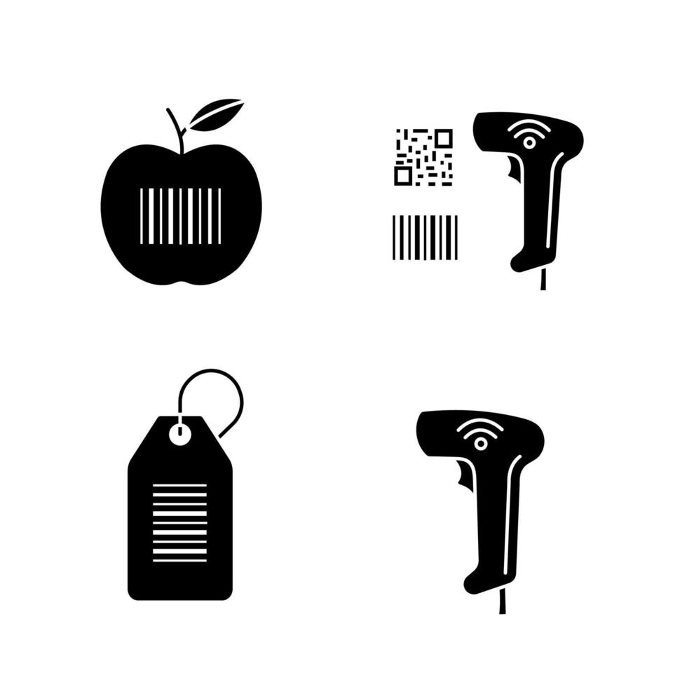 Barcodes glyph icons set. Product barcode, qr and linear codes scanner, hang tag, wireless handheld reader. Silhouette symbols. Vector isolated illustration