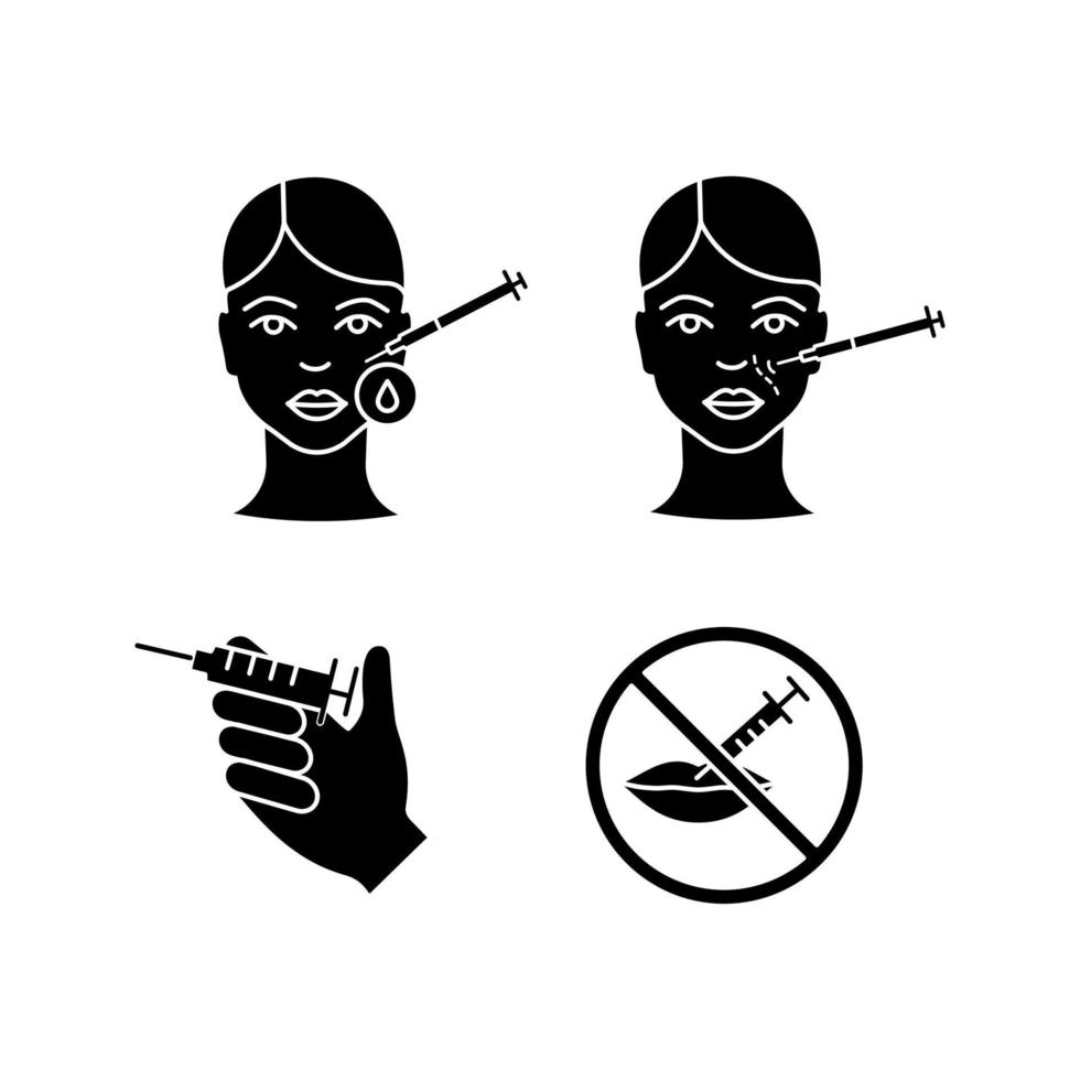 Neurotoxin injection glyph icons set. Makeup removal, syringe, cosmetologic procedure prohibition, nasolabial folds injection. Silhouette symbols. Vector isolated illustration