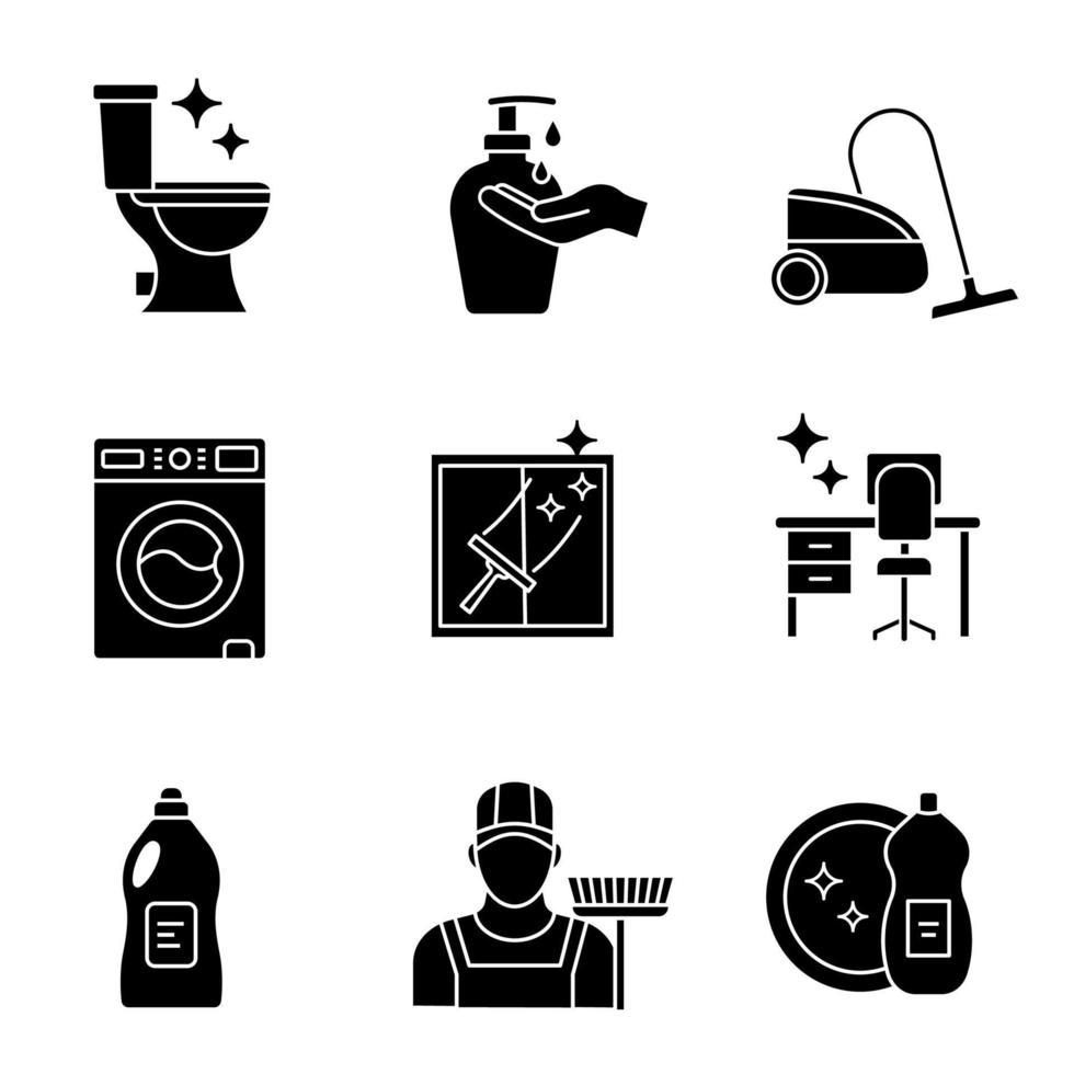 conjunto de iconos de glifo de servicio de limpieza. fregona, cepillo para fregar, jabón de manos, aspiradora, detergente, mesa ordenada, lavavajillas, aseo y limpieza de cristales. símbolos de silueta. ilustración vectorial aislada vector