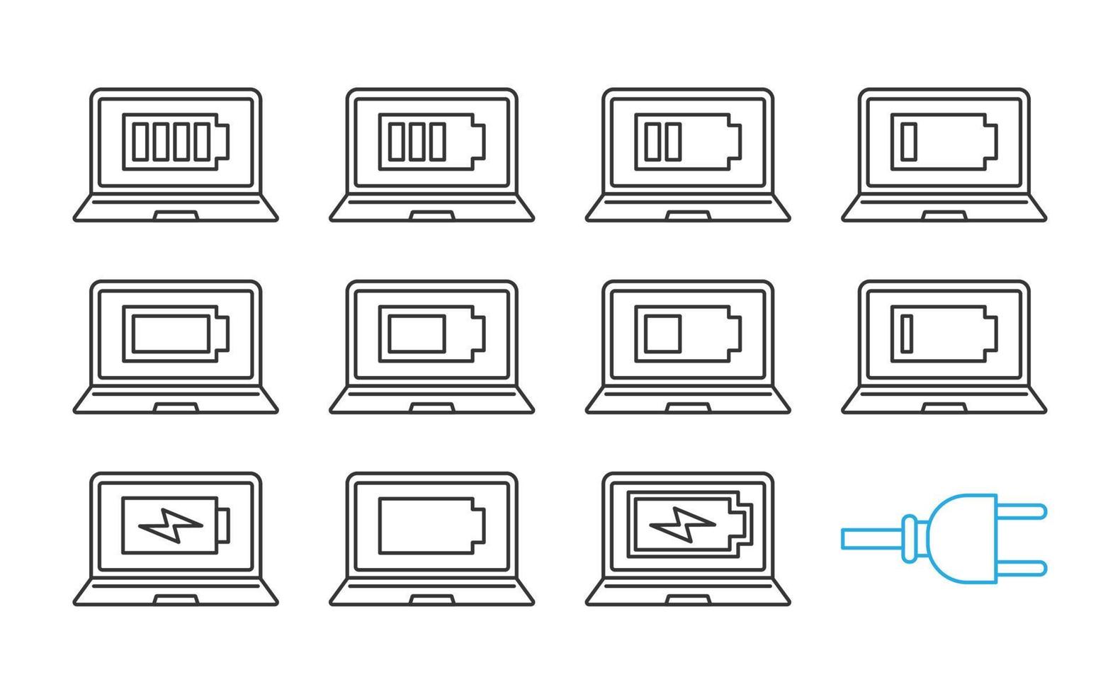 Laptop battery charging linear icons set. Computer high, low, middle charge. Notebook battery level indicator. Thin line contour symbols. Isolated vector outline illustrations. Editable stroke