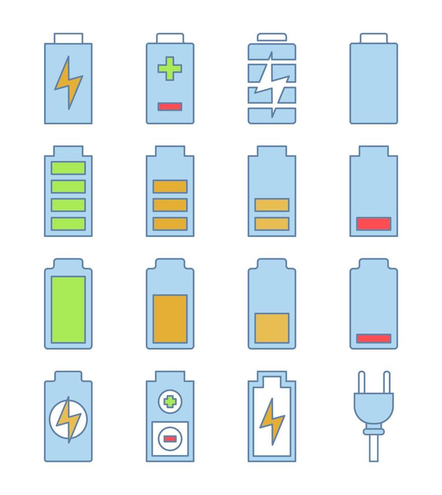 Battery charging color icons set. Battery level indicators. Low, middle and high charge. Isolated vector illustrations