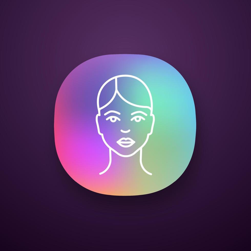 Woman face app icon. UI UX user interface. Young and healthy skin. Lady. User profile. Woman avatar. Web or mobile application. Vector isolated illustration