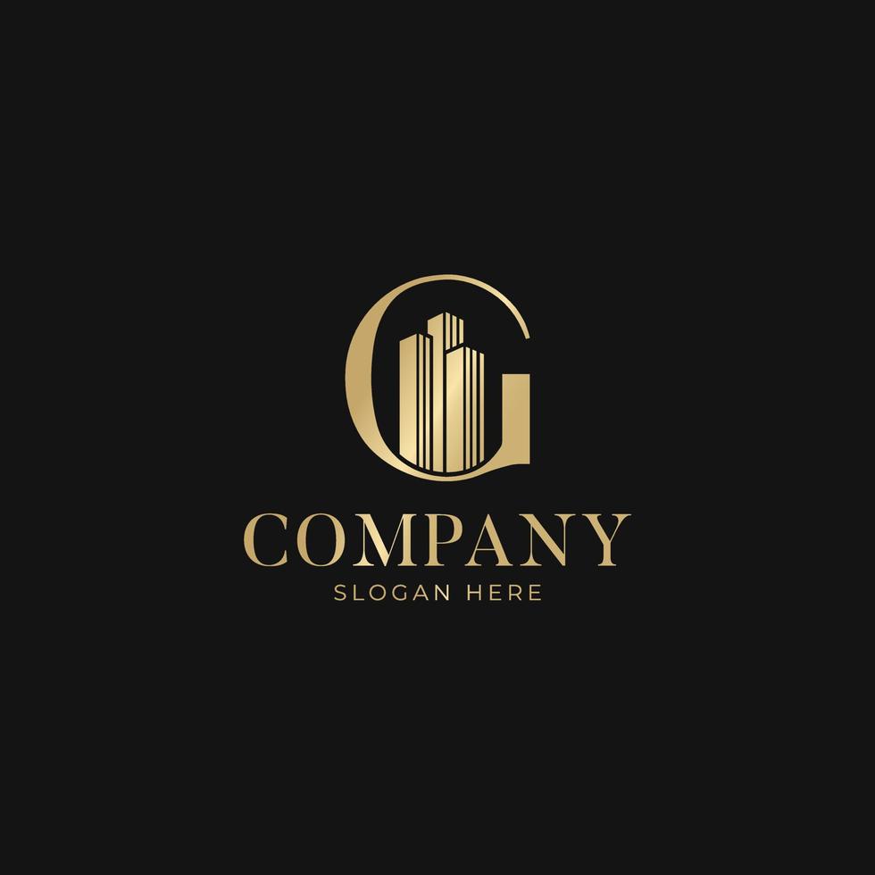 plantilla de logotipo de empresa inmobiliaria, construcción, desarrollo inmobiliario y diseño de vector de logotipo de construcción con color dorado de lujo