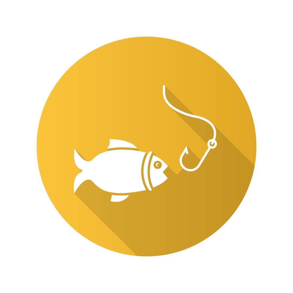 Fish and hook flat design long shadow glyph icon. Fishing. Vector silhouette illustration